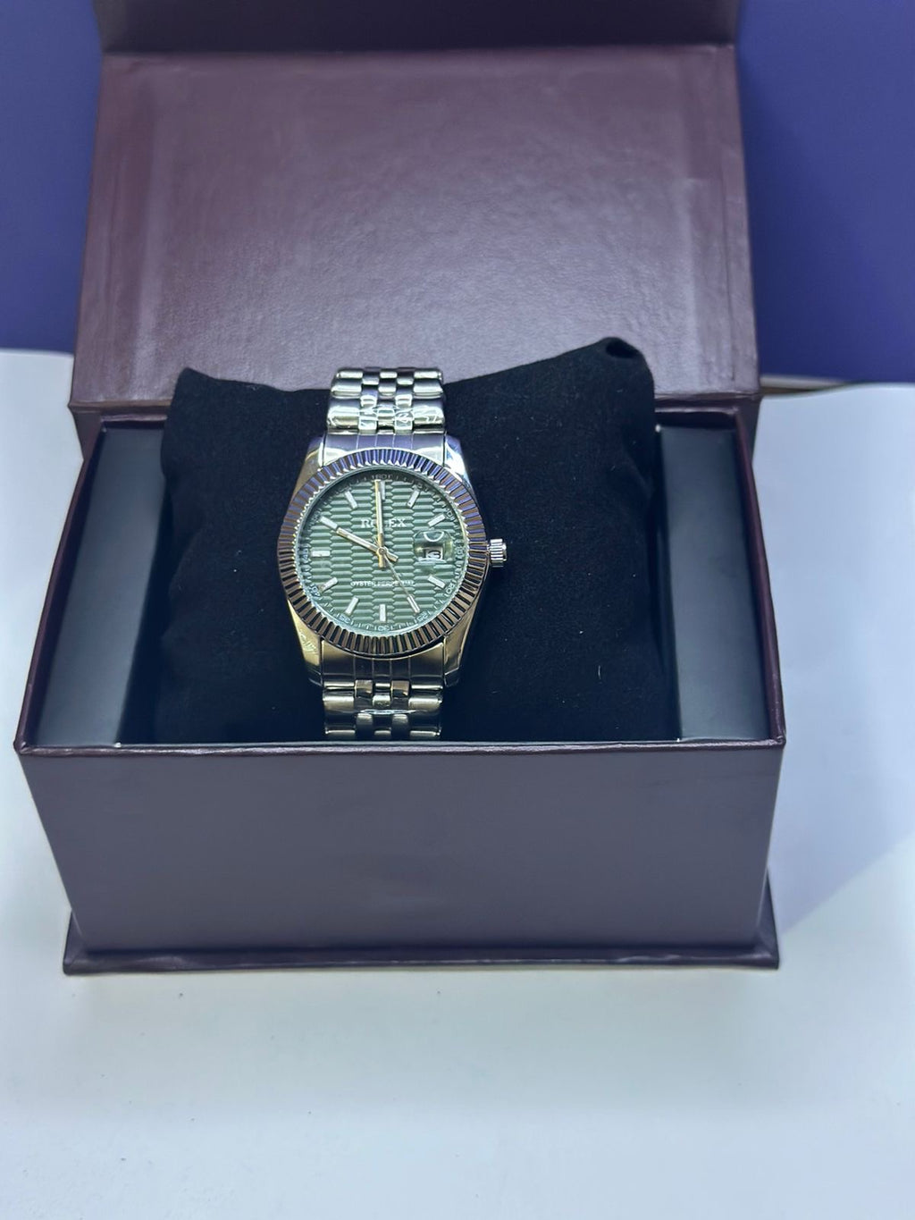 Rolex Datejust Style Watch – Olive Green Palm/Motif Dial – Jubilee Bracelet