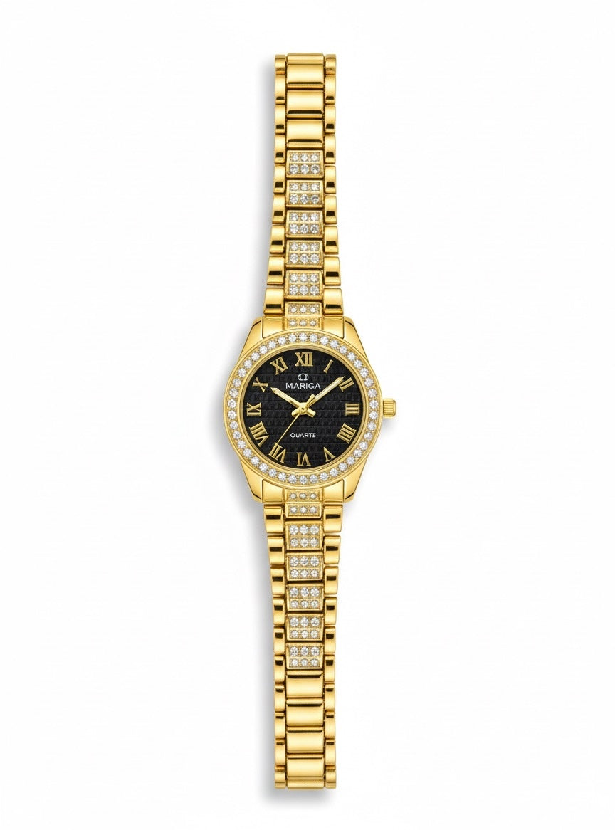 MARIGA Gold-Tone Round Watch - 100% Water Proof - Black Dial, Crystal Paved Bezel & Bracelet