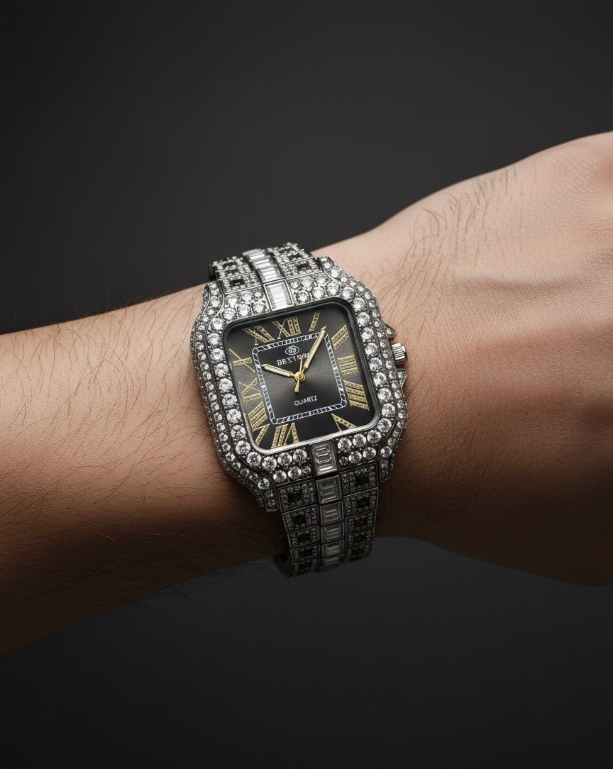 BESTWIN Iced Out Watch - Black Dial Square Face with Baguette & Round Diamonds