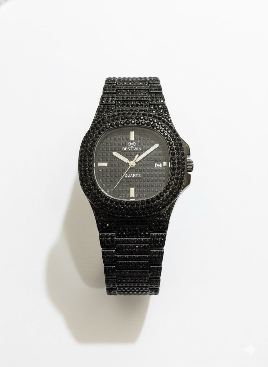 BESTWIN All Black Iced Out Watch - Full Paved Black Diamond Hip Hop Quartz