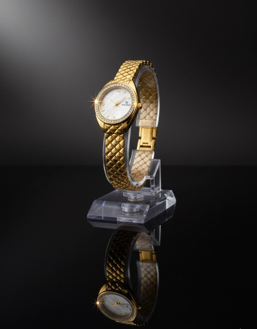 MARIGA Elegant Gold- 100% Water Proof-  Tone Women's Quartz Watch - Crystal Bezel & Quilted Bracelet