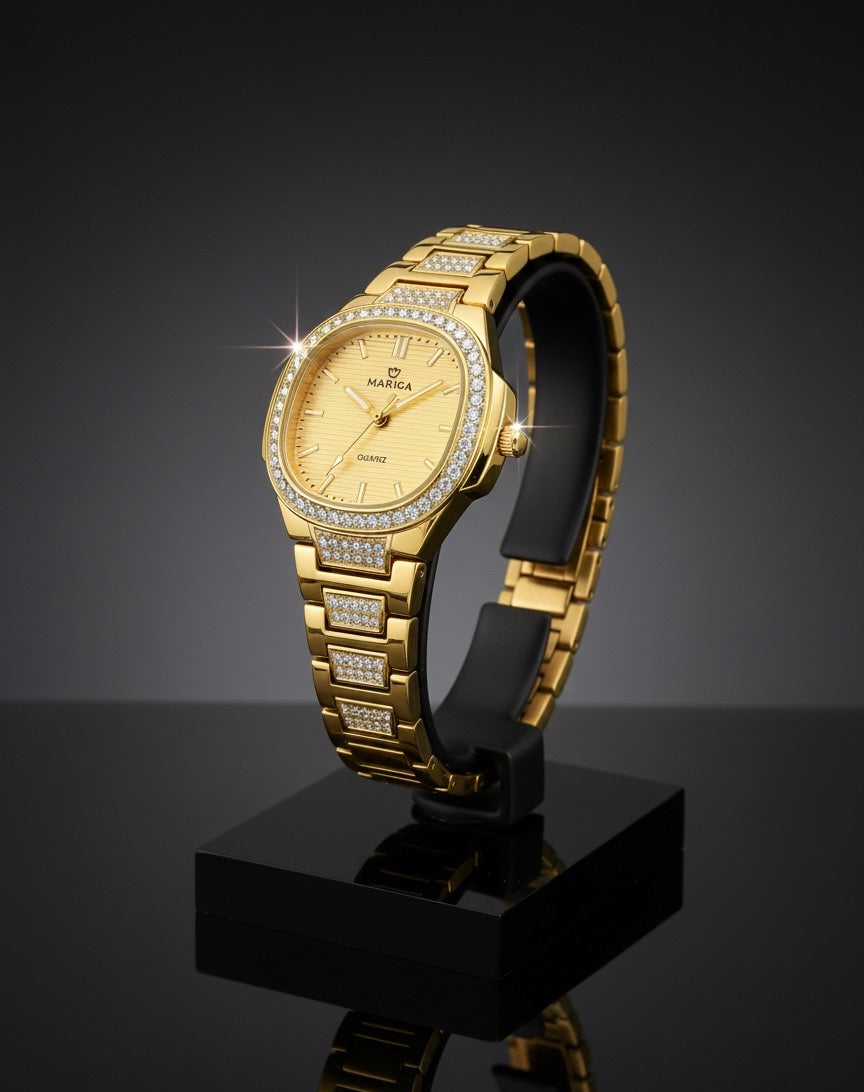 MARIGA Gold-Tone Quartz Watch for Women with Crystal Paved Bezel and Bracelet
