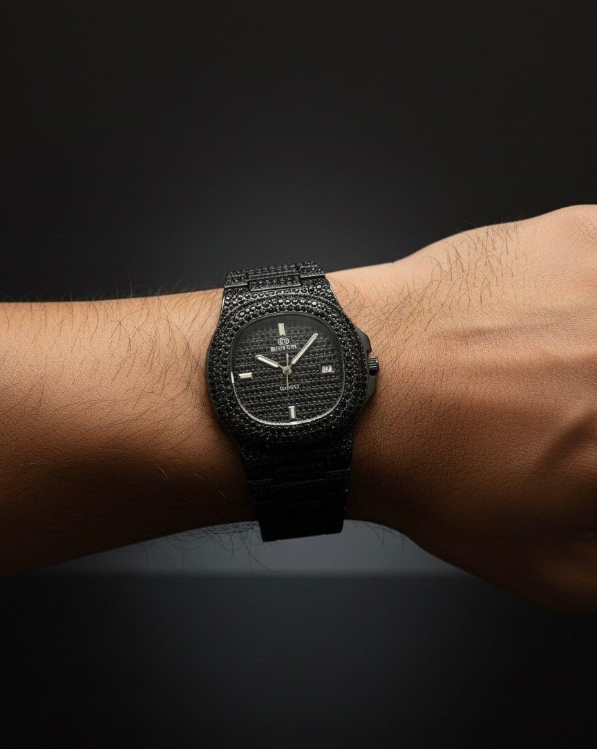 BESTWIN All Black Iced Out Watch - Full Paved Black Diamond Hip Hop Quartz