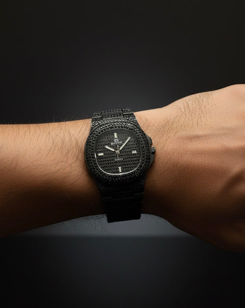 BESTWIN All Black Iced Out Watch - Full Paved Black Diamond Hip Hop Quartz