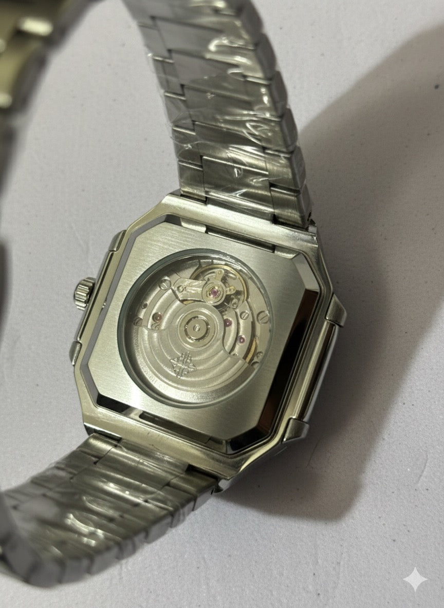 Patek Philippe Nautilus-Inspired Stainless Steel Watch – Black, White & Green Dial | Luxury Square Case | Date Feature