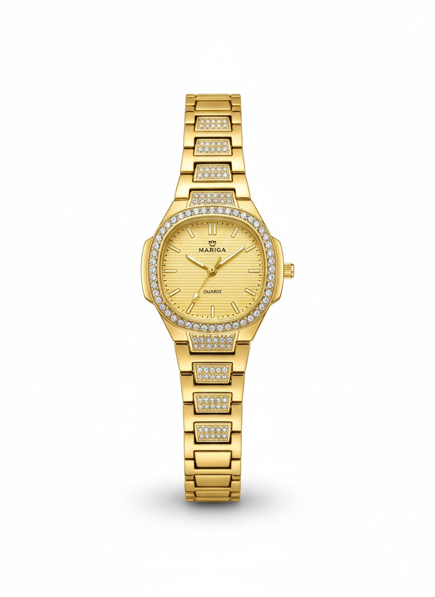 MARIGA Gold-Tone Quartz Watch for Women with Crystal Paved Bezel and Bracelet