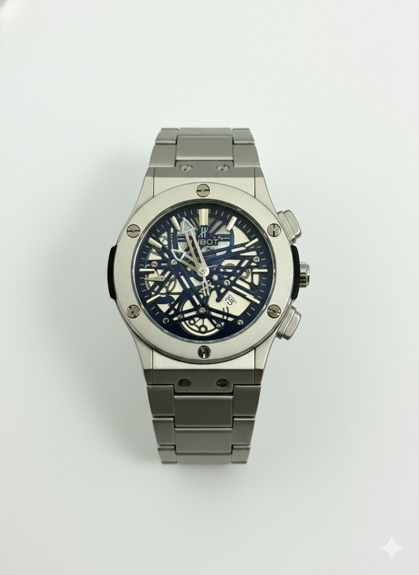 HUBLOT Skeleton Mechanical Men's Watch with Exposed Dial and Stainless Steel Bracelet