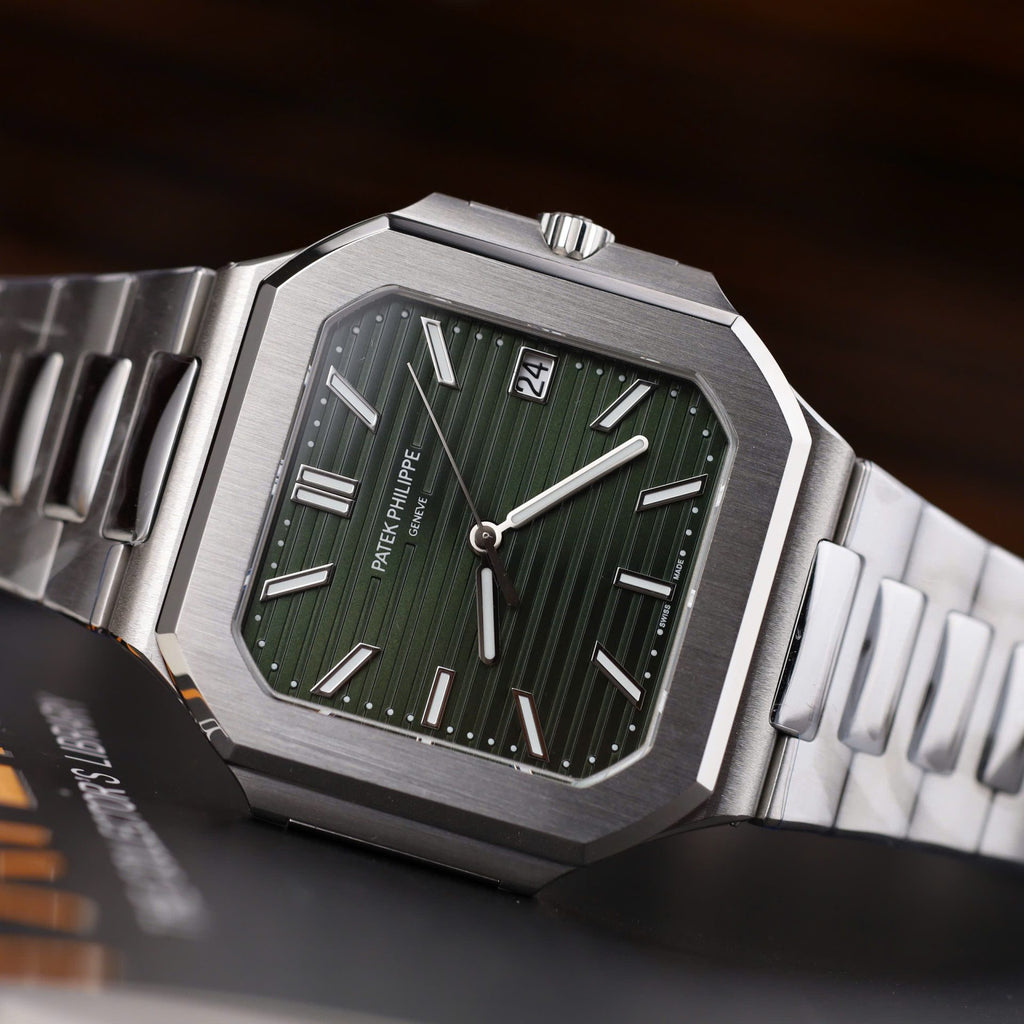 Patek Philippe Nautilus-Inspired Stainless Steel Watch – Black, White & Green Dial | Luxury Square Case | Date Feature