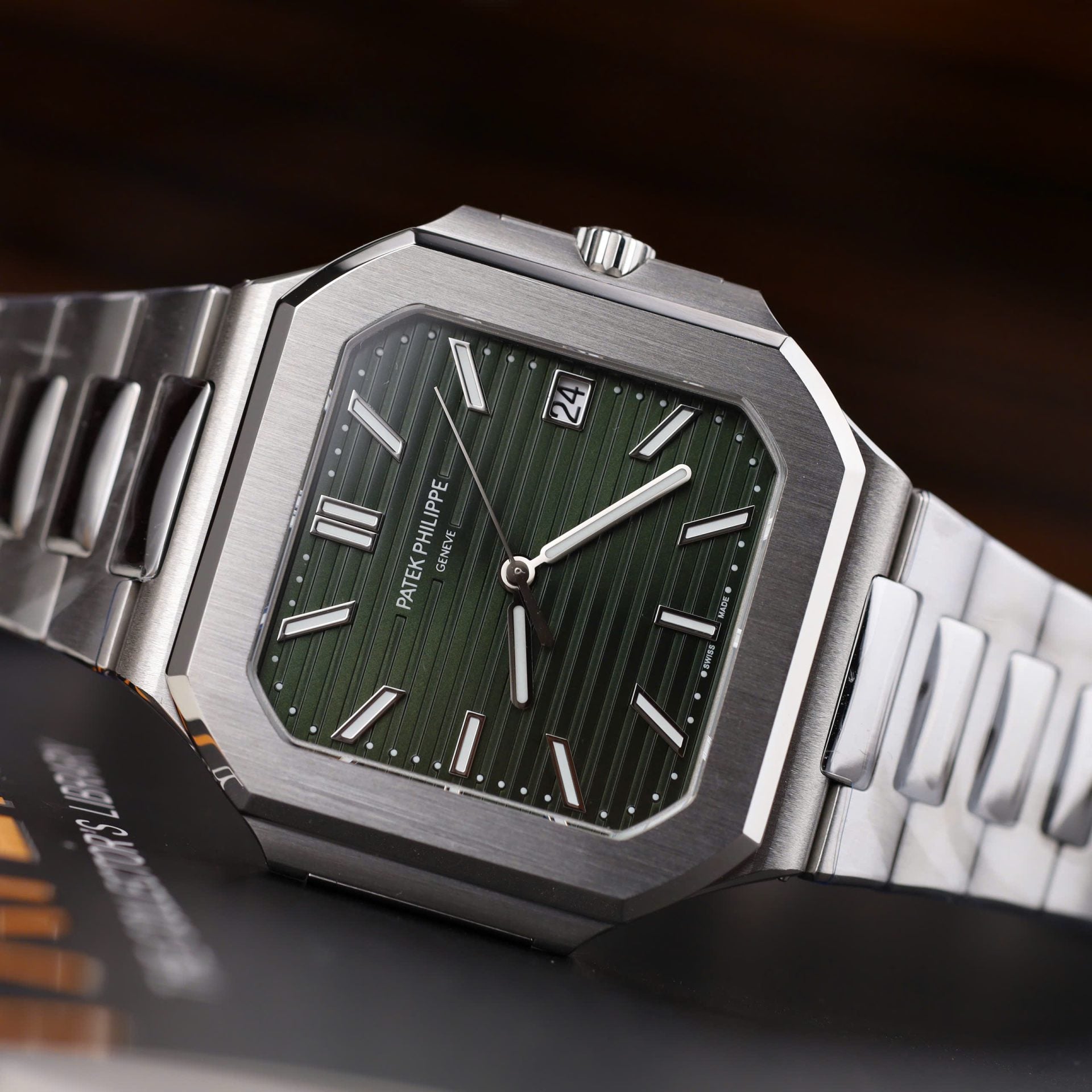 Patek Philippe Nautilus-Inspired Stainless Steel Watch – Black, White & Green Dial | Luxury Square Case | Date Feature