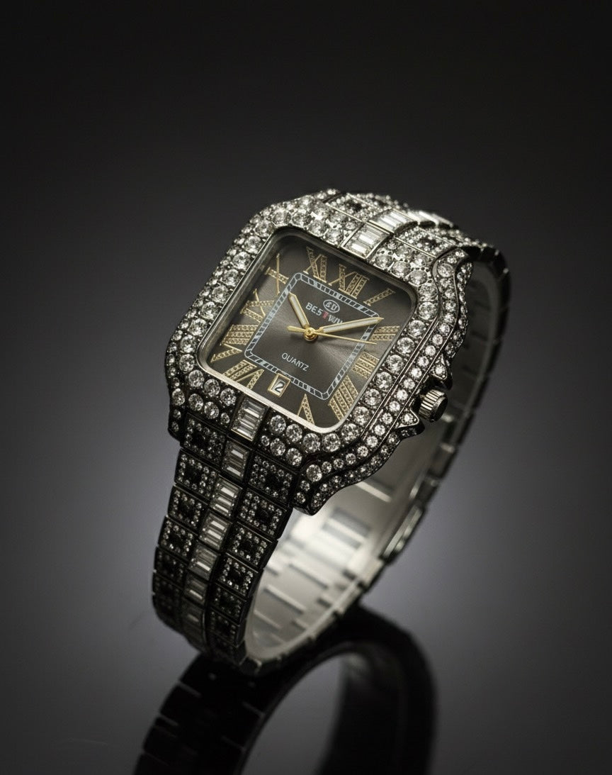 BESTWIN Iced Out Watch - Black Dial Square Face with Baguette & Round Diamonds