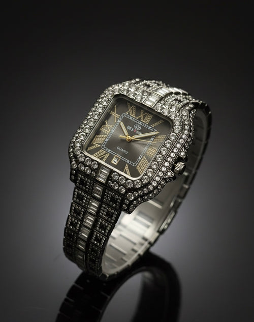 BESTWIN Iced Out Watch - Black Dial Square Face with Baguette & Round Diamonds