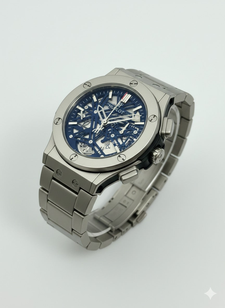 HUBLOT Skeleton Mechanical Men's Watch with Exposed Dial and Stainless Steel Bracelet