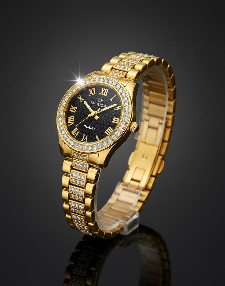 MARIGA Gold-Tone Round Watch - 100% Water Proof - Black Dial, Crystal Paved Bezel & Bracelet