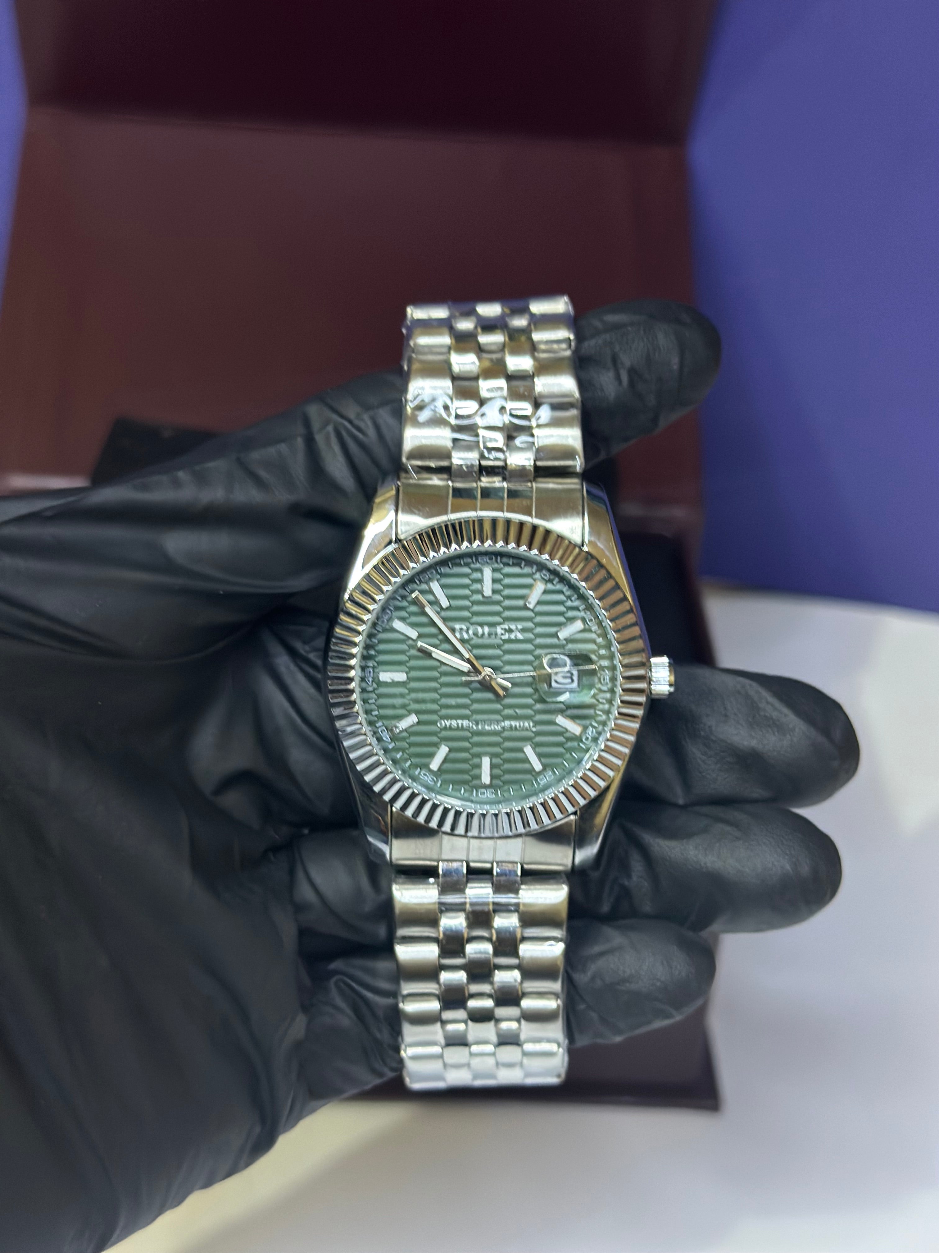 Rolex Datejust Style Watch – Olive Green Palm/Motif Dial – Jubilee Bracelet