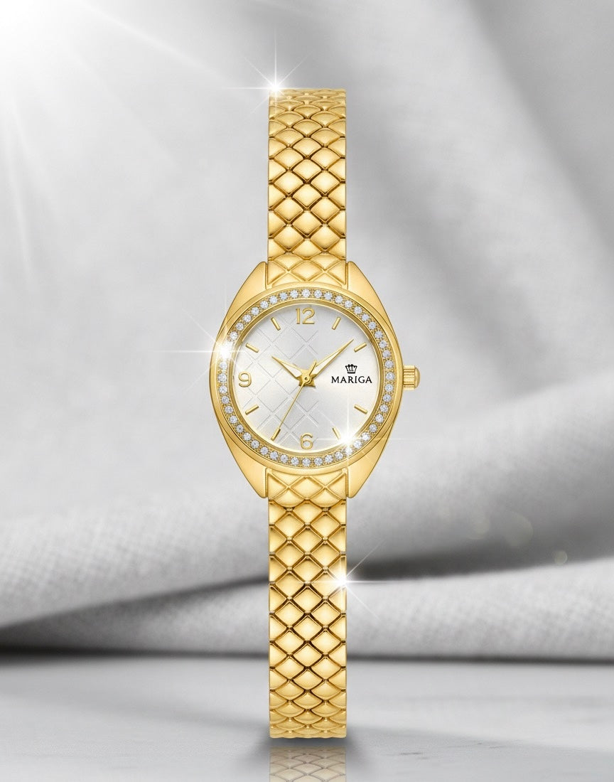 MARIGA Elegant Gold- 100% Water Proof-  Tone Women's Quartz Watch - Crystal Bezel & Quilted Bracelet