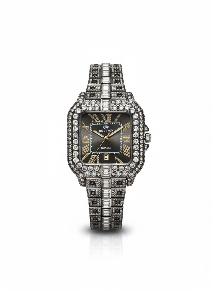 BESTWIN Iced Out Watch - Black Dial Square Face with Baguette & Round Diamonds