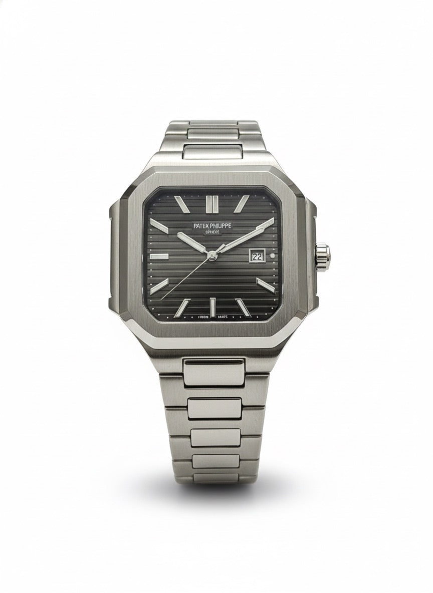 Patek Philippe Nautilus-Inspired Stainless Steel Watch – Black, White & Green Dial | Luxury Square Case | Date Feature