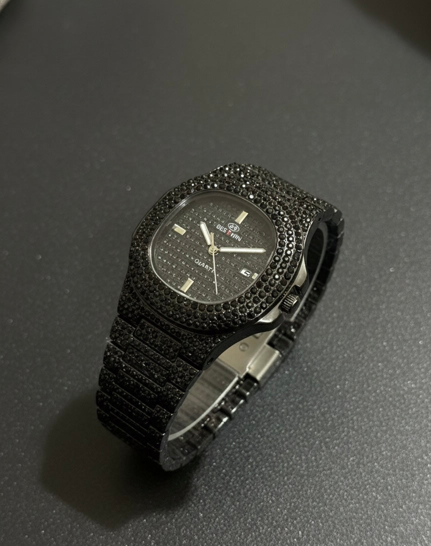 BESTWIN All Black Iced Out Watch - Full Paved Black Diamond Hip Hop Quartz
