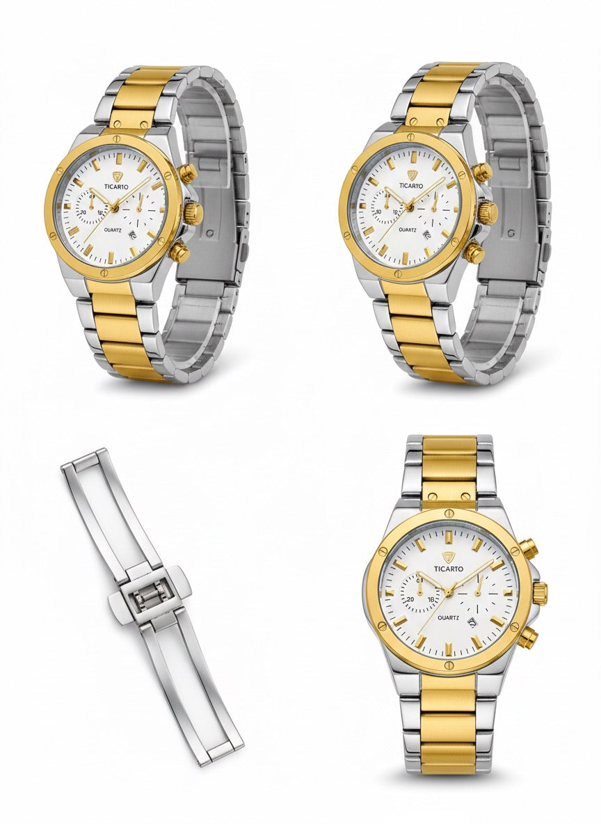 TICARTO Two-Tone Quartz Chronograph Watch with White Dial
