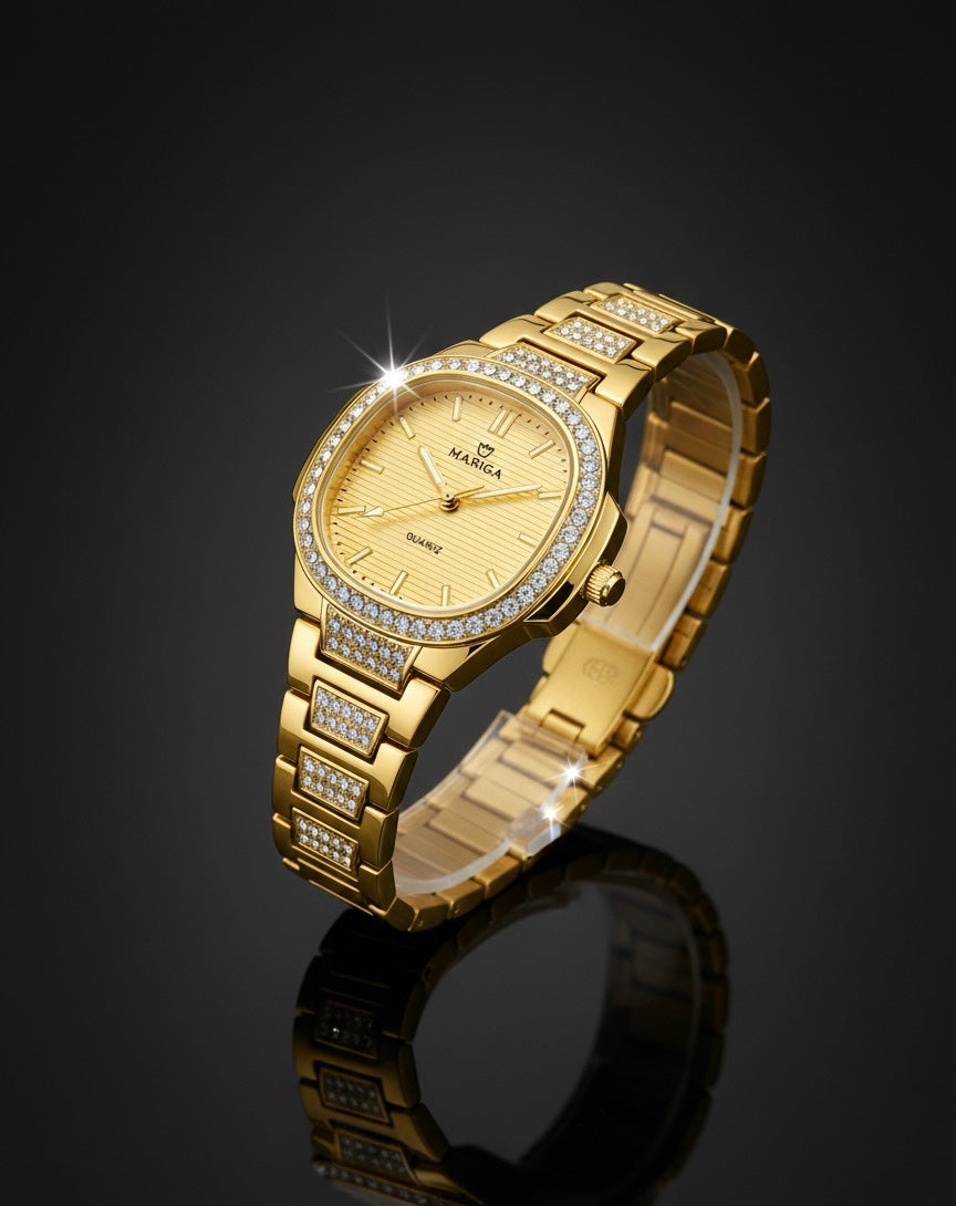 MARIGA Gold-Tone Quartz Watch for Women with Crystal Paved Bezel and Bracelet